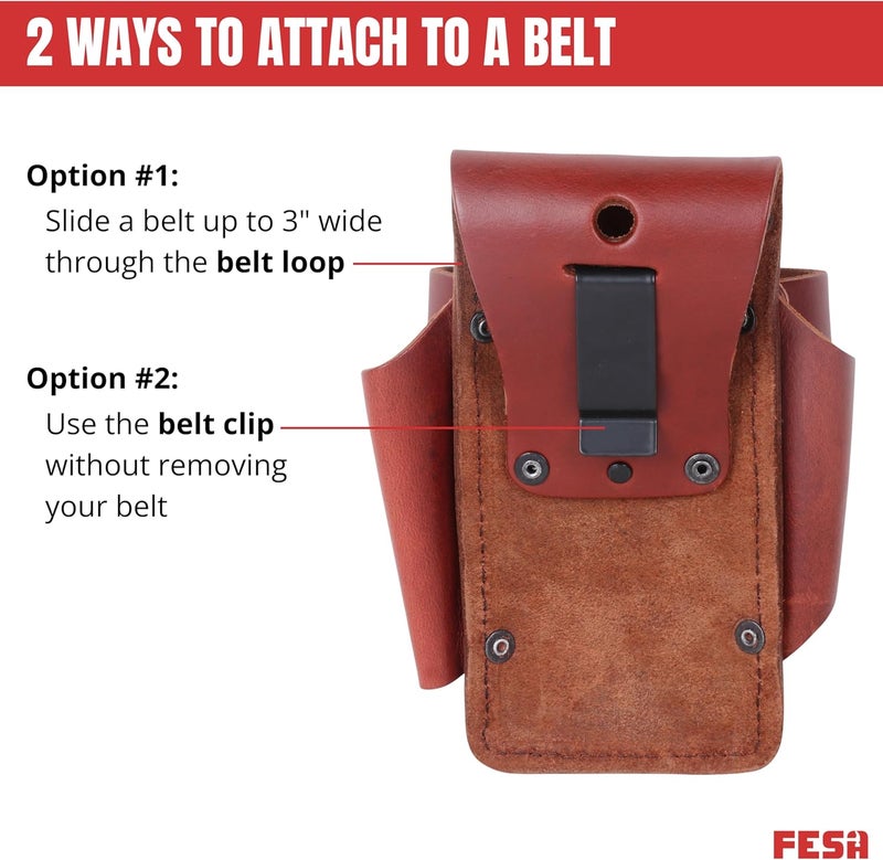 fesa Small Leather Tool Pouch - 4-in-1 Heavy Top Grain Leather Small Tool Pouch with a Tape Measure Holder, 3 Pockets & Reinforced Heavy Duty Rivets - Fits Belts up to 3" - Handcrafted - Image 4